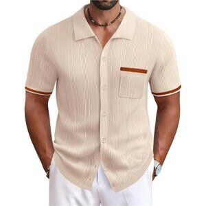 COOFANDY Mens Knit Button Down Polo Shirt Vintage Short Sleeve Beach Top